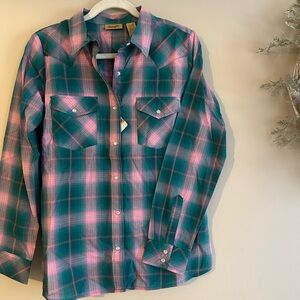 Wrangler Green Teal and Pink Pearl Snap Plaid Shirt